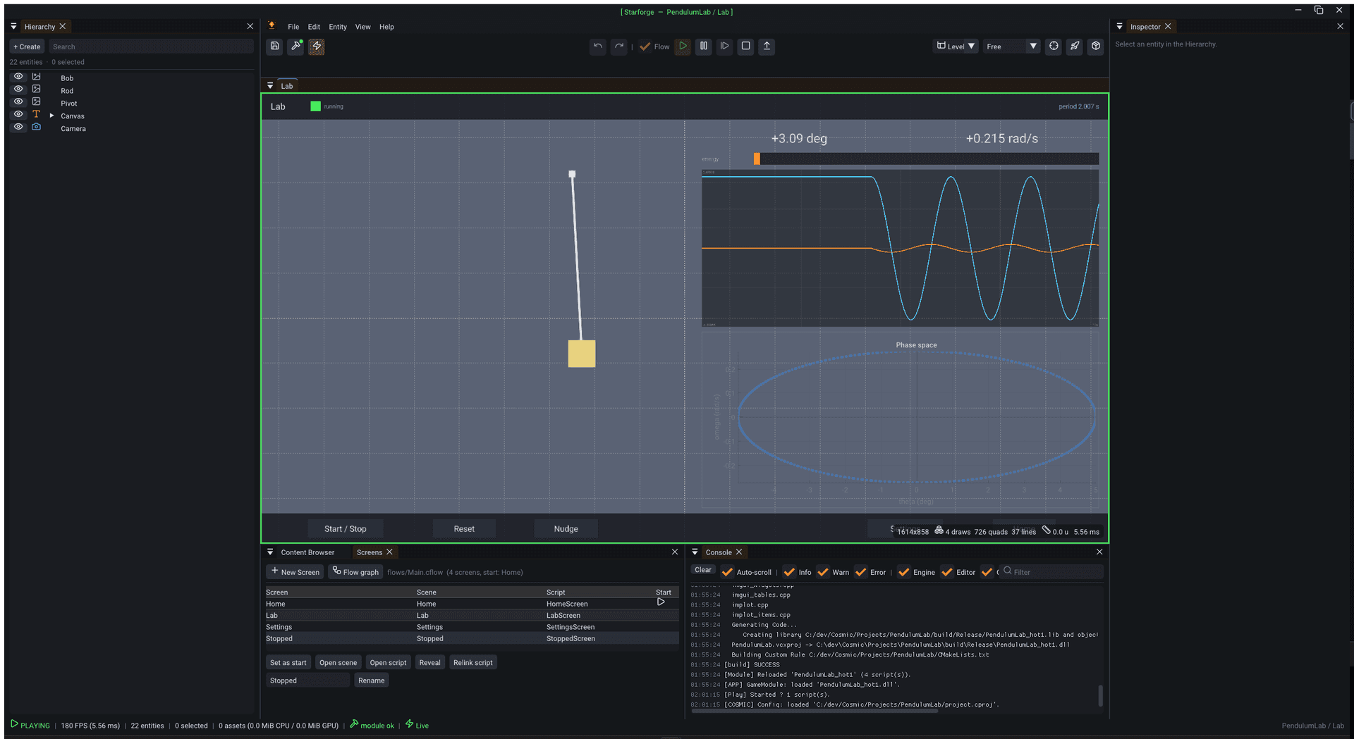 PendulumLab Lab screen running in the Starforge editor