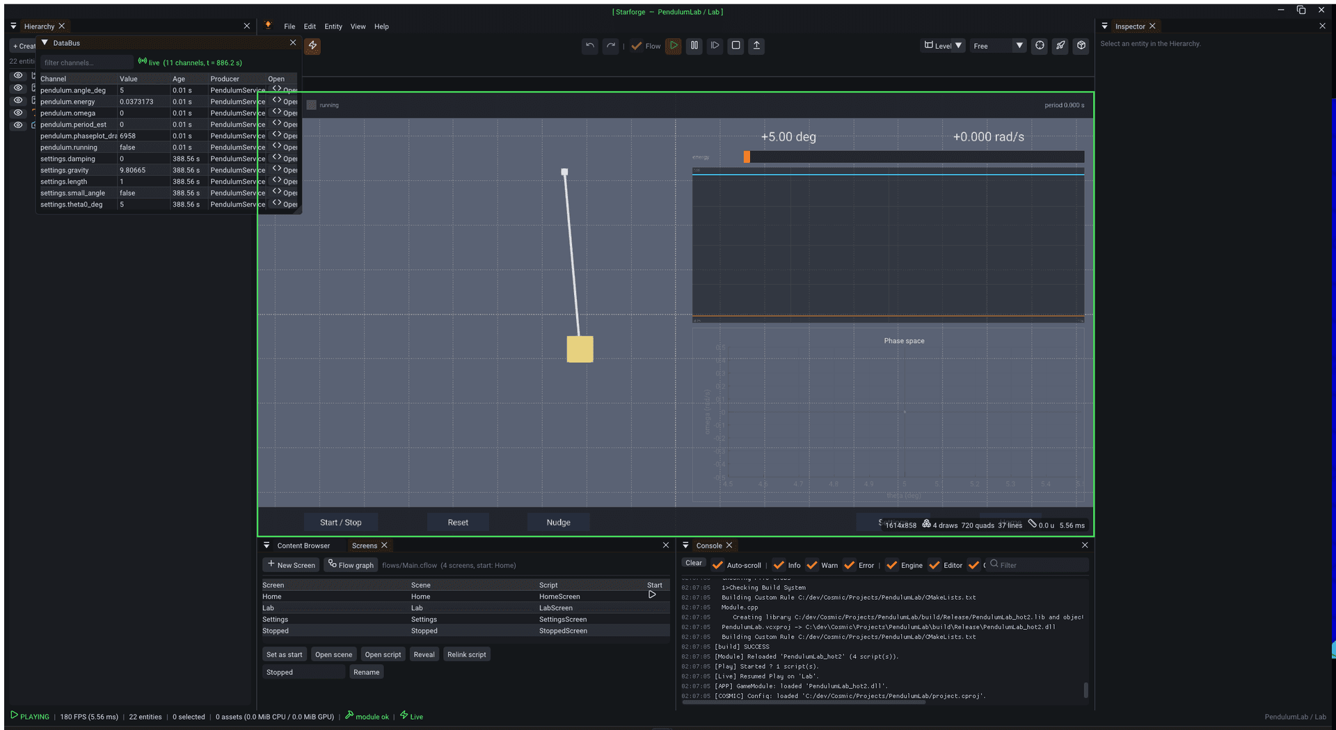 Starforge console after an automatic rebuild, resumed on the Lab screen