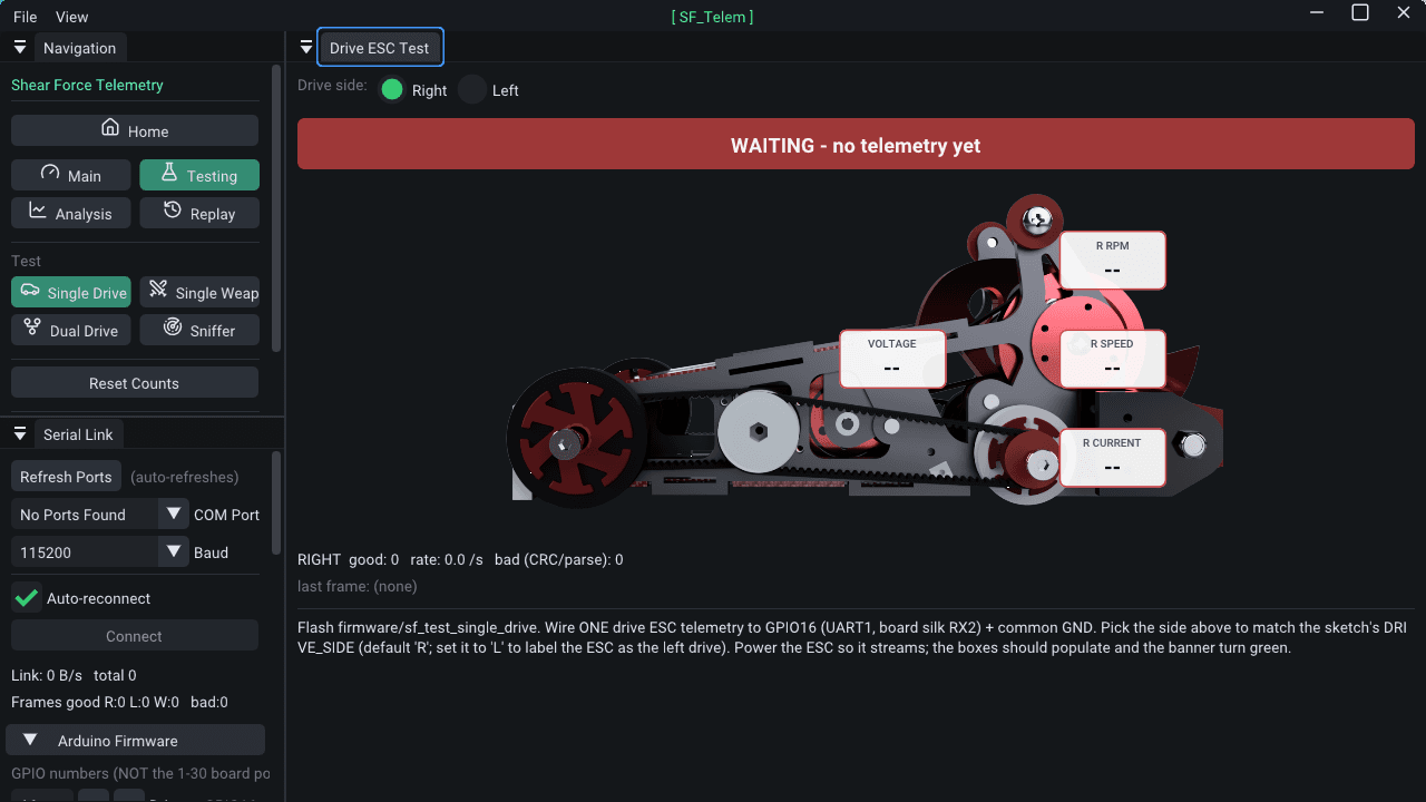 SF_Telem drive ESC test bench with the drivetrain render and empty readouts