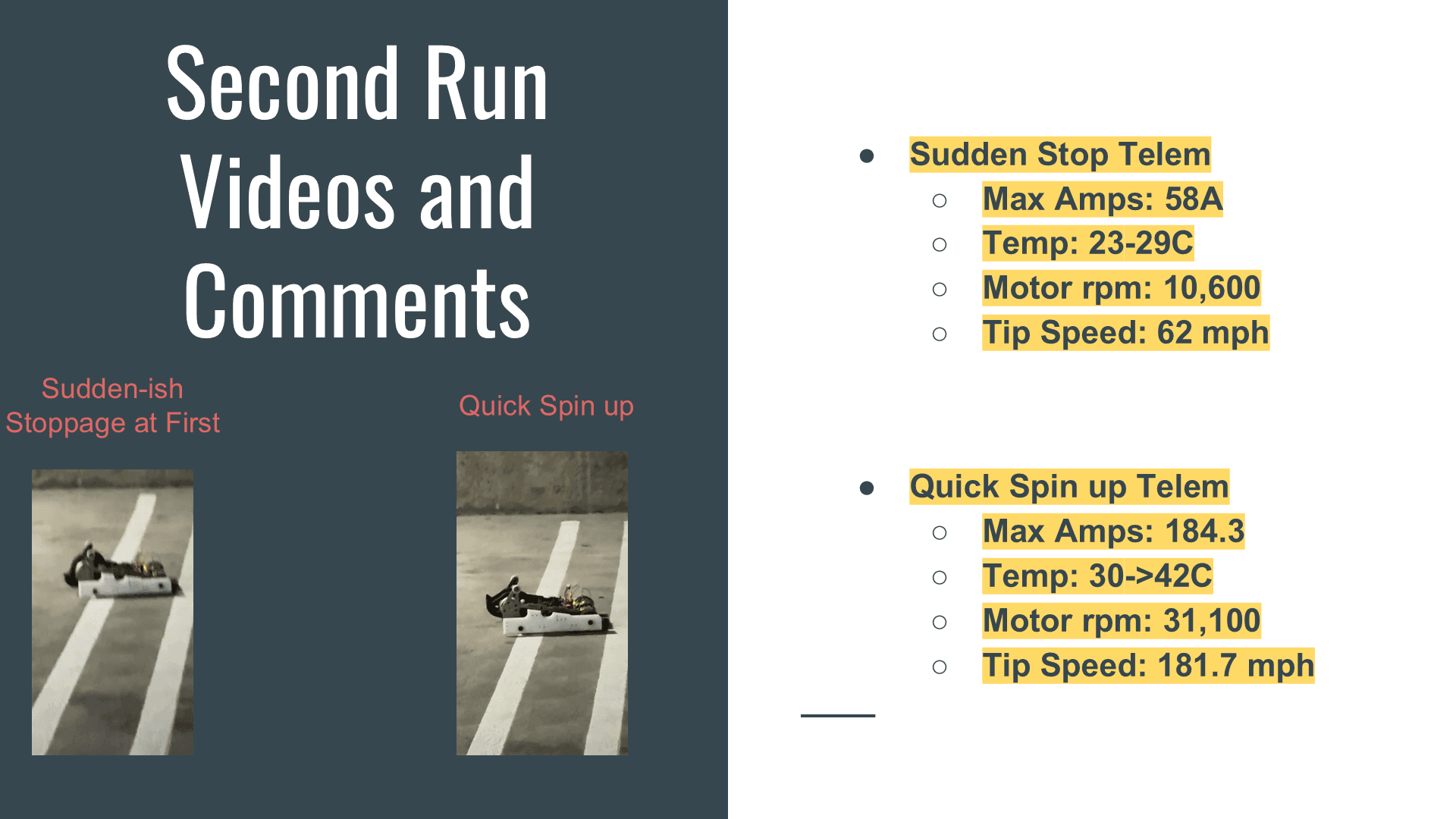 RCA slide: second run telemetry numbers, sudden stop and quick spin-up