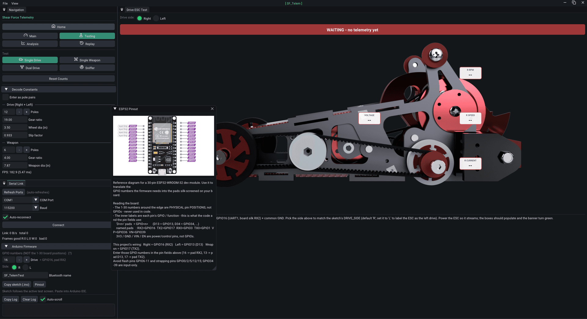 SF_Telem testing and debugging view with the ESP32 pinout
